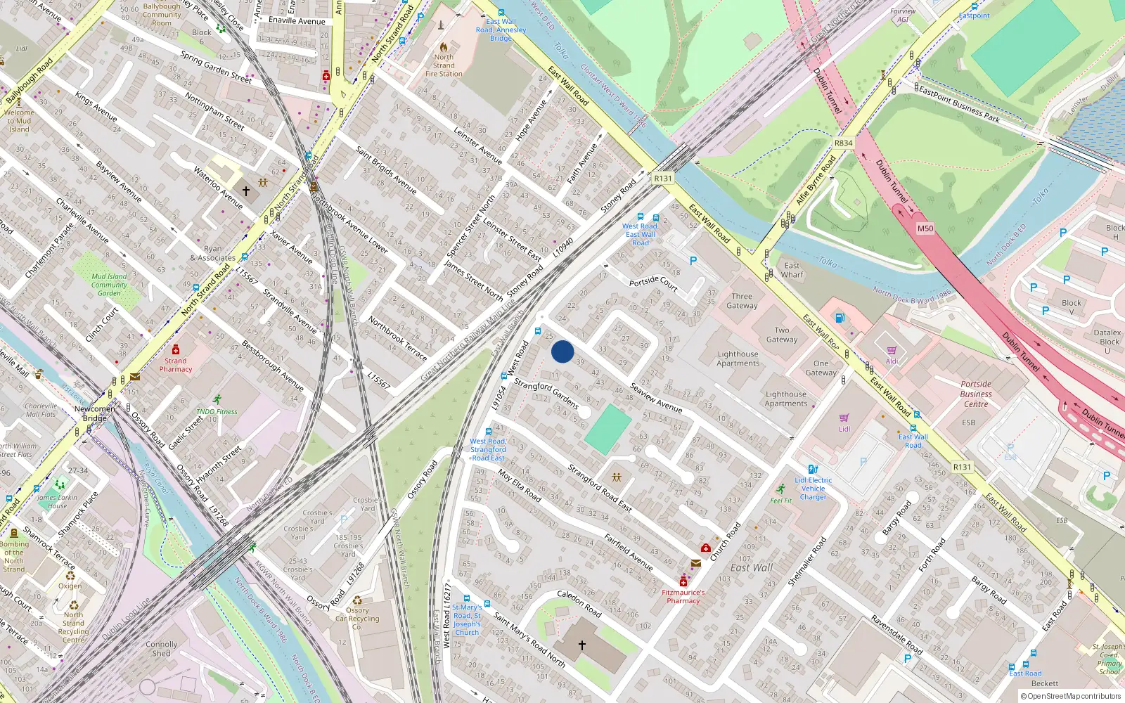 Overhead map showing the location of 36 Seaview Avenue, East Wall, Dublin 3