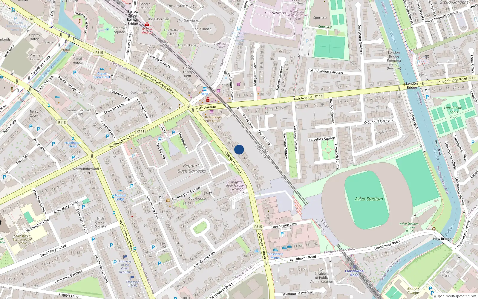 Overhead map showing the location of 36 Shelbourne Road, Dublin