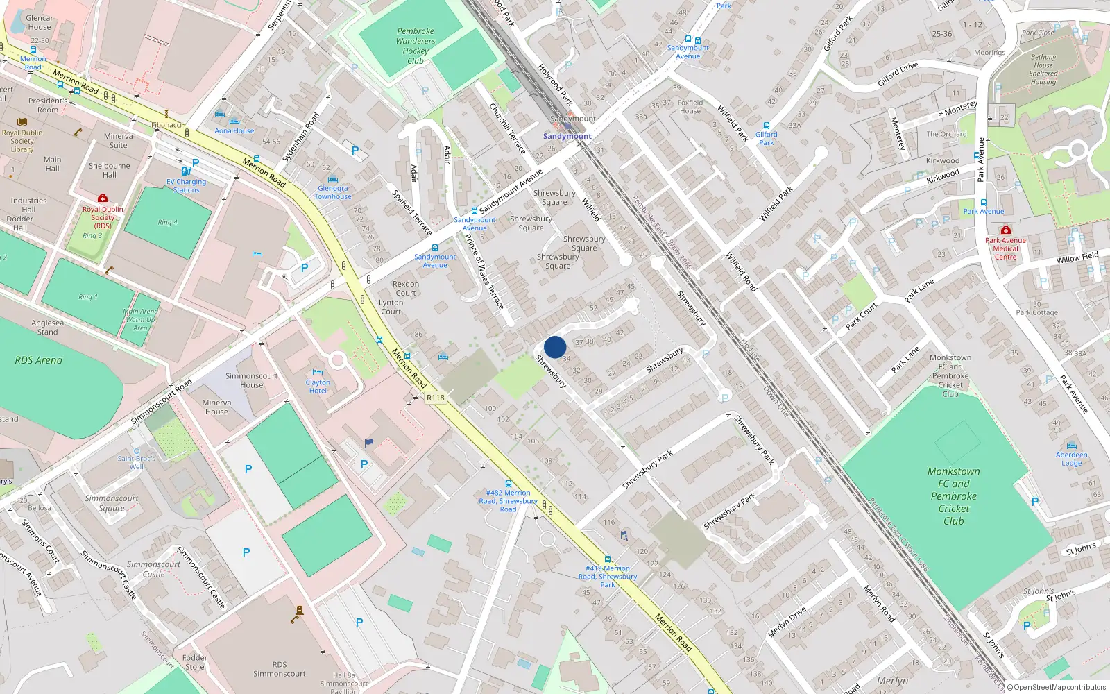 Overhead map showing the location of D04 Y7W0, Shrewsbury, Ballsbridge, Pembroke East E Ward 1986, Dublin