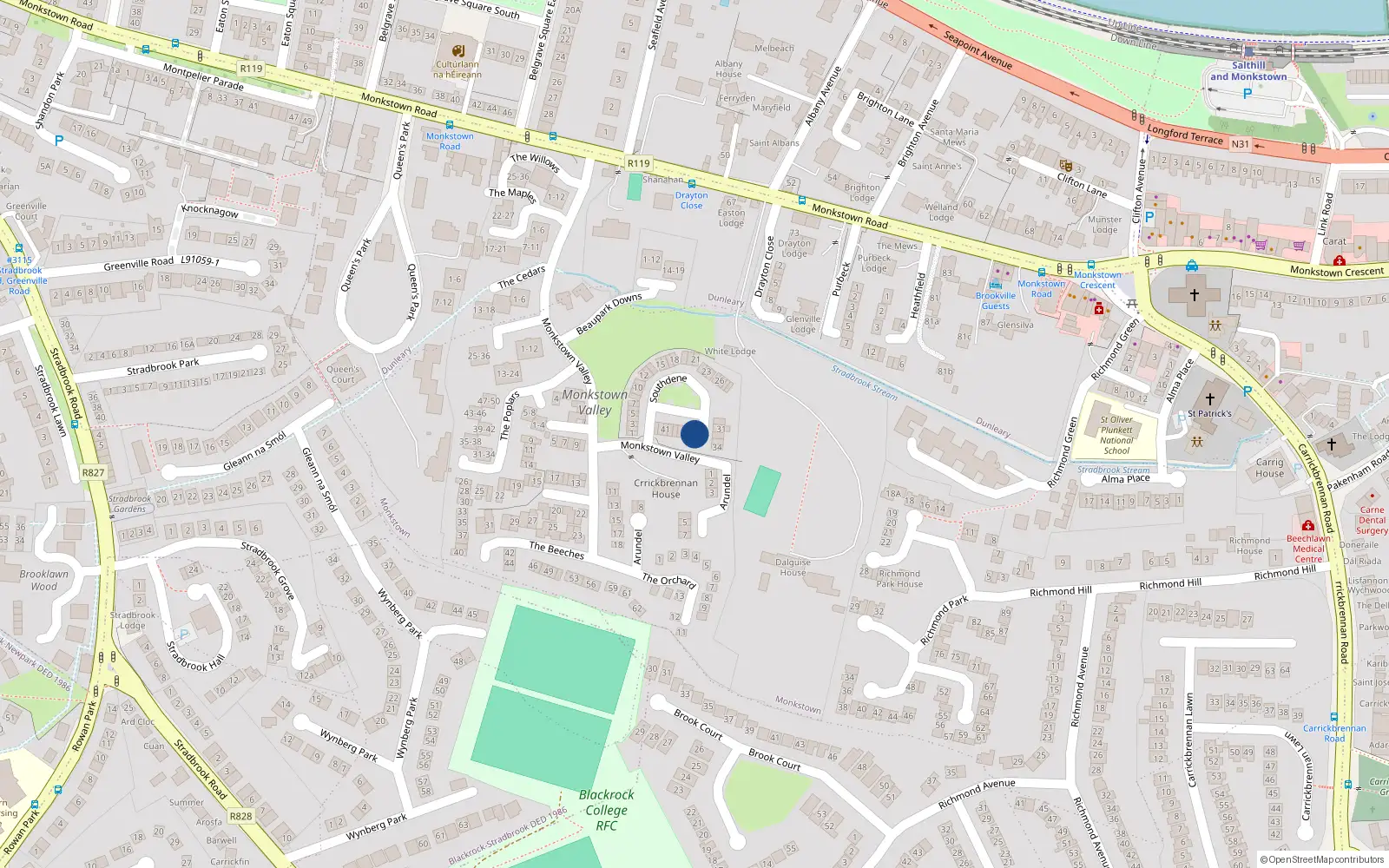 Overhead map showing the location of 36 Southdene, Monkstown Valley, Monkstown