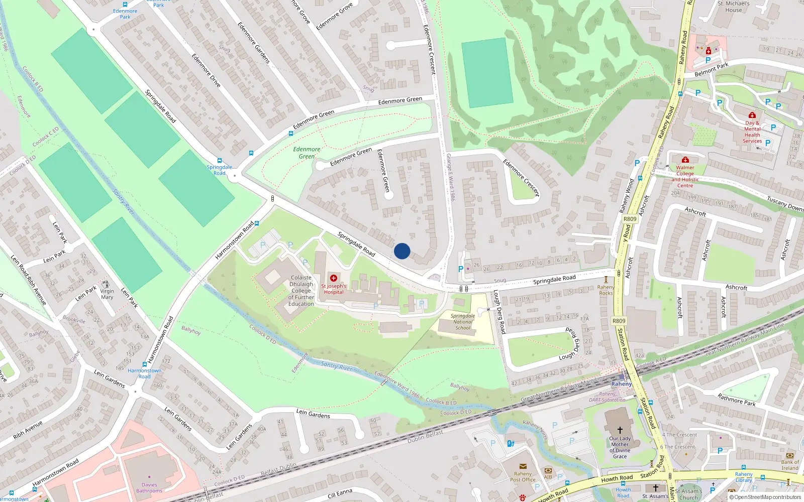 Overhead map showing the location of 36 Springdale Road, Dublin 5