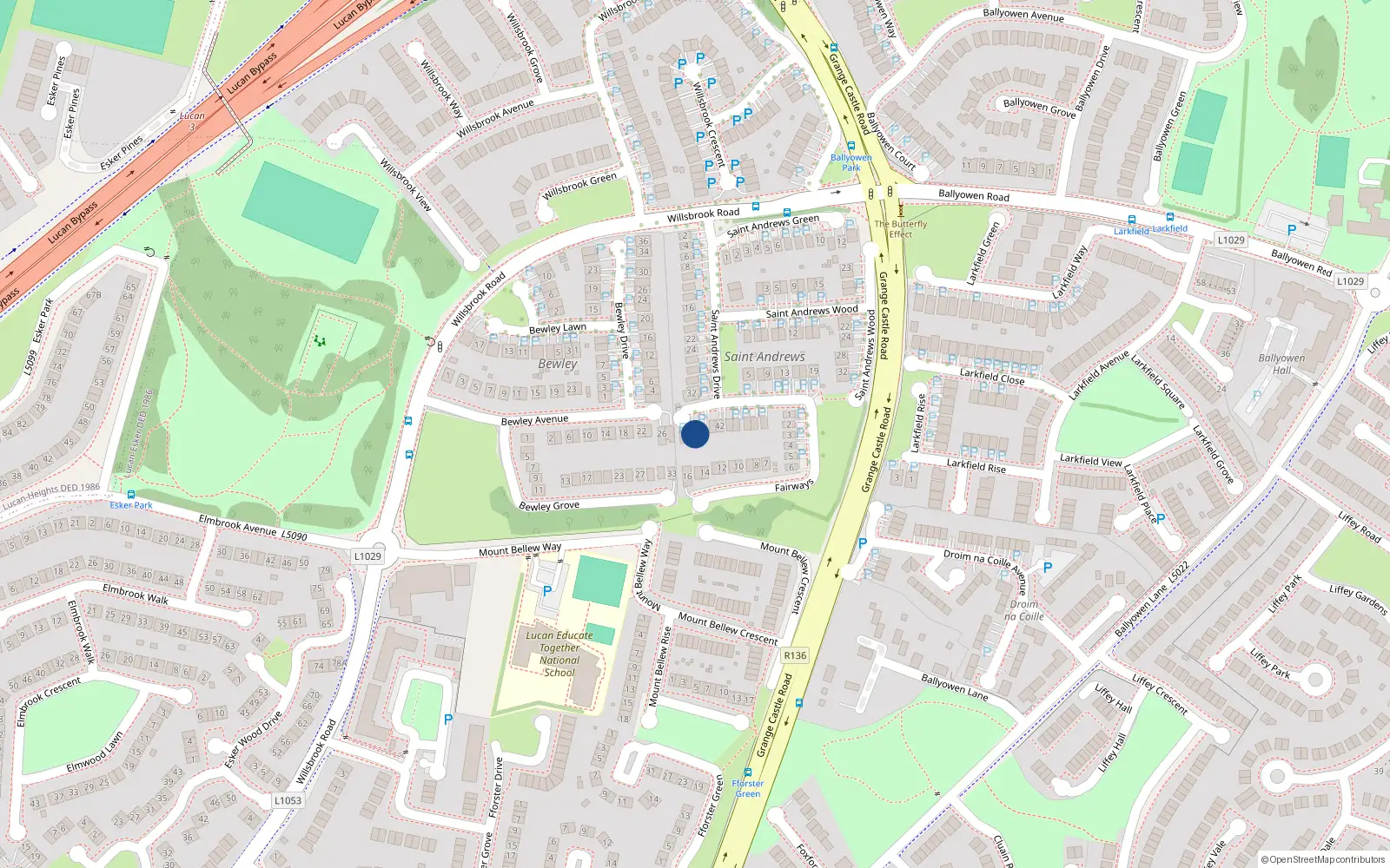 Overhead map showing the location of 36 St Andrews Drive, The Fairways, Lucan