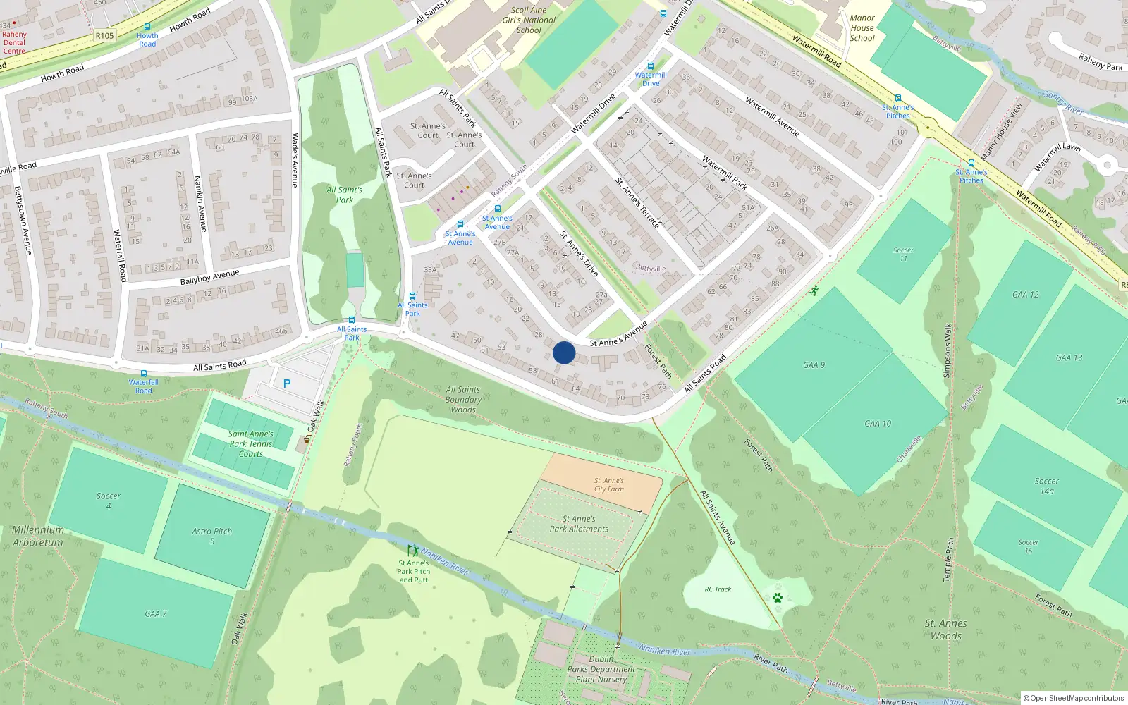 Overhead map showing the location of 36 Saint Anne's Avenue, Dublin 5
