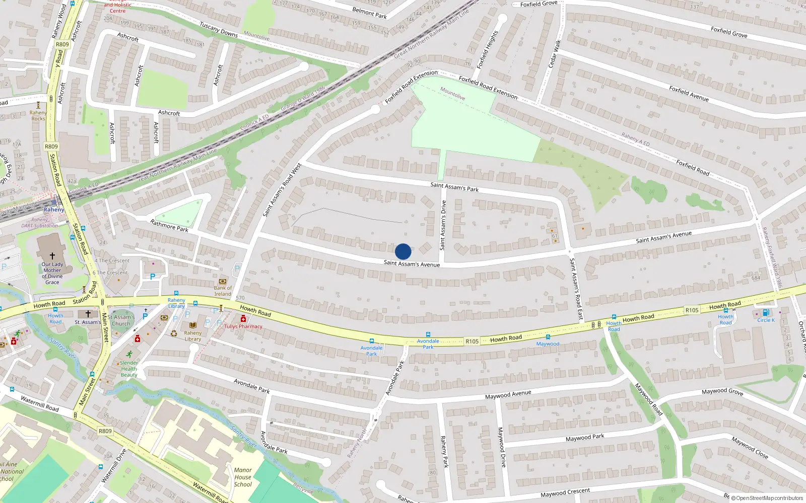 Overhead map showing the location of 36 St Assams Avenue, Raheny, Dublin 5