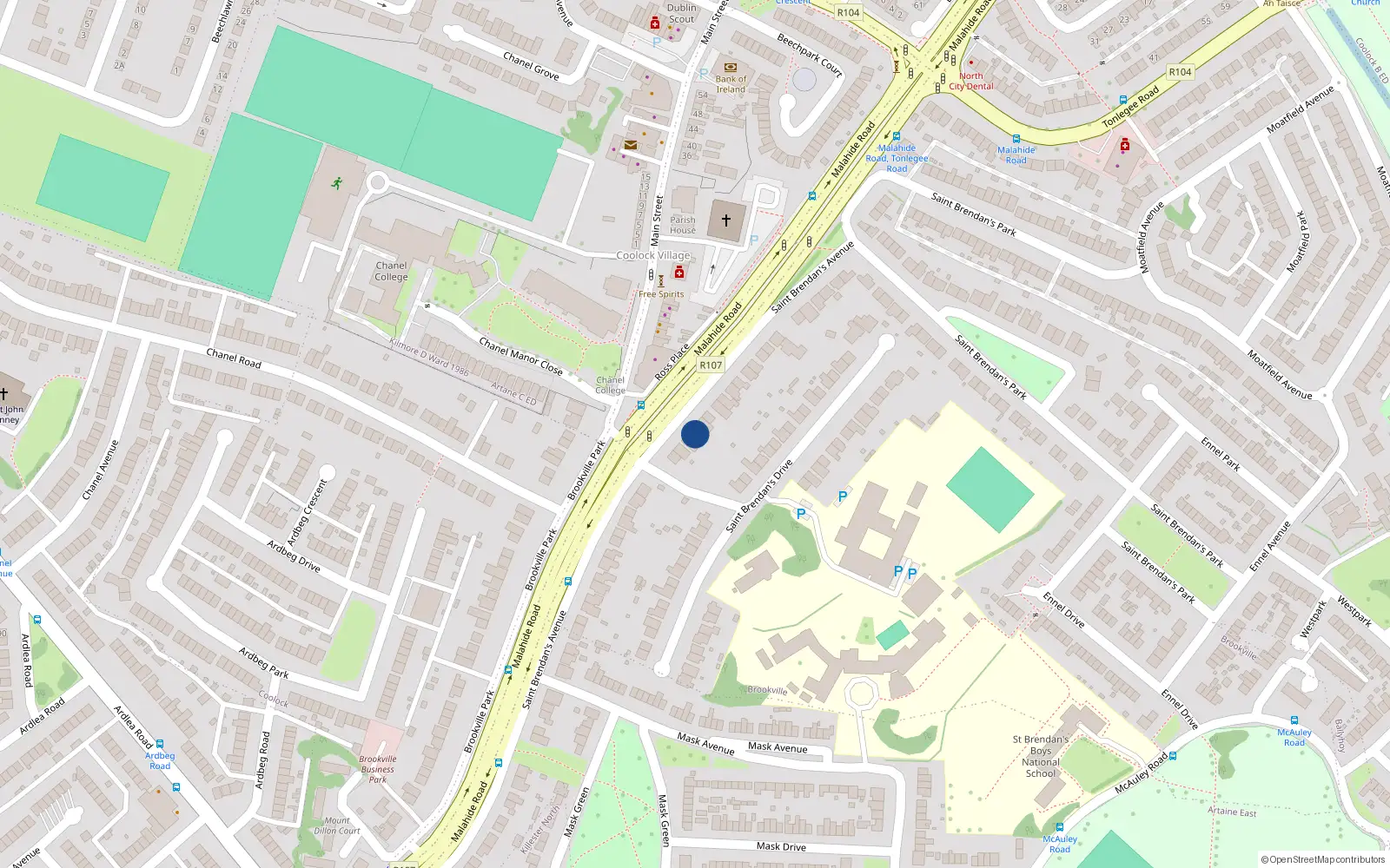Overhead map showing the location of 36 St Brendans Avenue, Malahide Road, Dublin 5