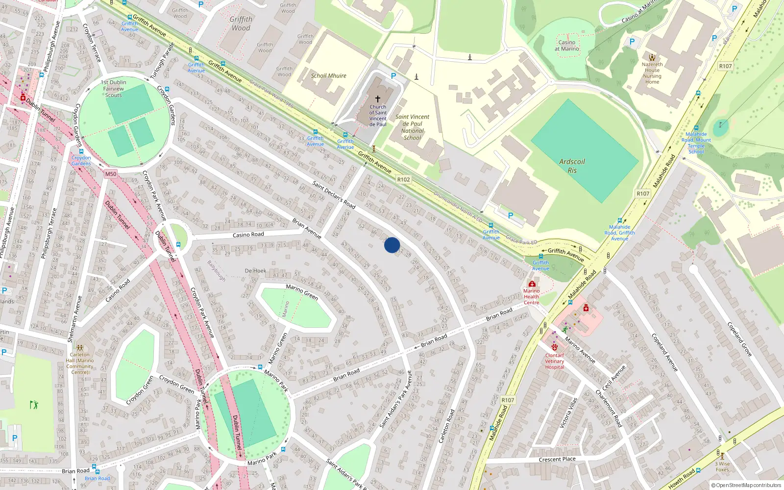 Overhead map showing the location of 36 St Declans Road, Marino, Dublin 3