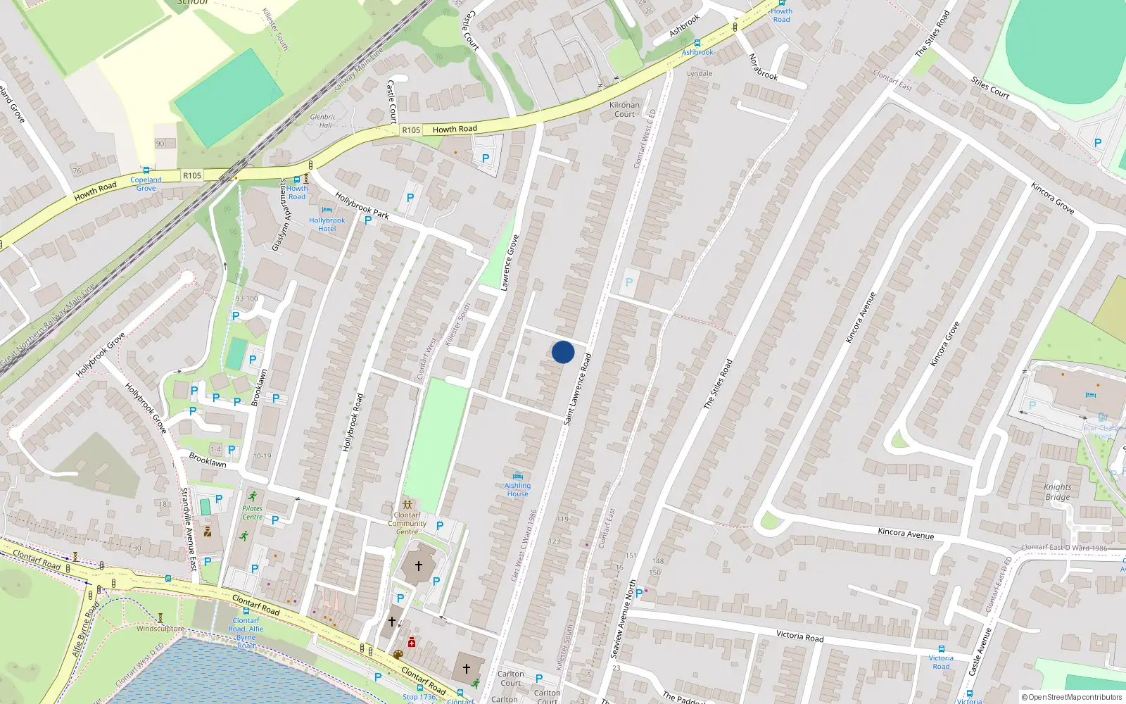 Overhead map showing the location of 36 St Lawrence's Road, Clontarf, Dublin 3