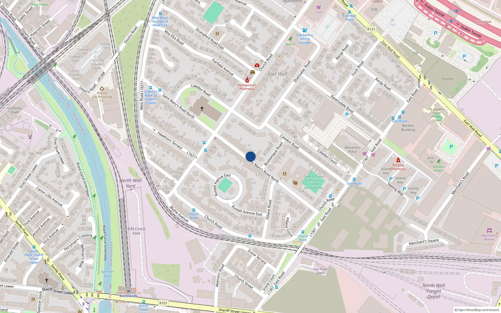 Overhead map showing the location of 36 St Mary's Road, East Wall, Dublin 3