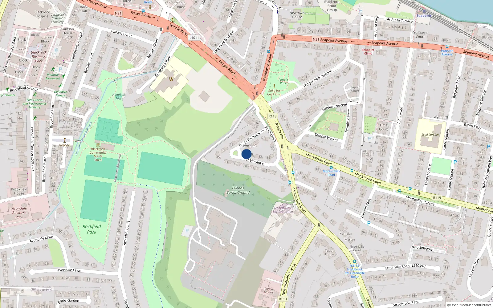 Overhead map showing the location of 36 Saint Vincent's Park, Blackrock