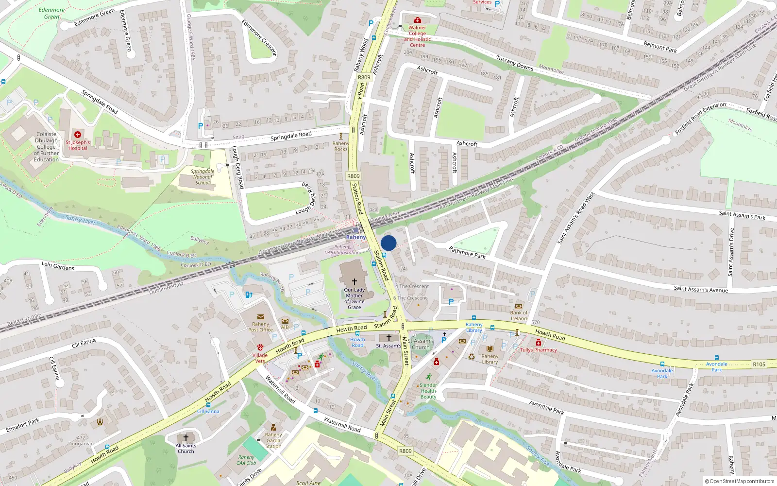 Overhead map showing the location of 36 Station Road, Raheny, Dublin 5