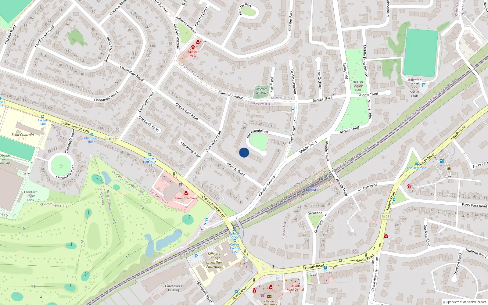 Overhead map showing the location of 36 the Bramblings, Killester, Dublin 5