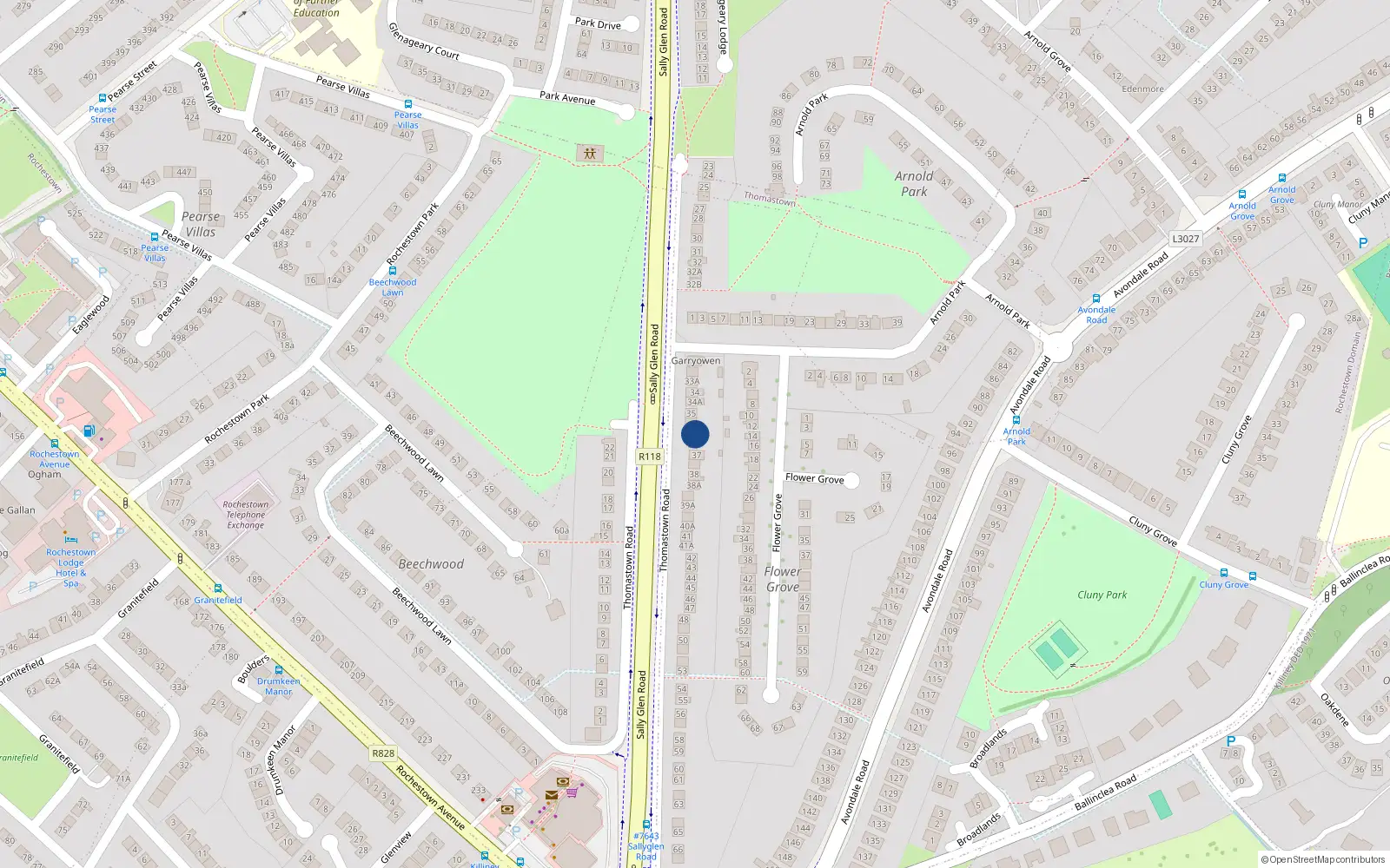 Overhead map showing the location of 36 Thomastown Road, Dun Laoghaire, Dublin
