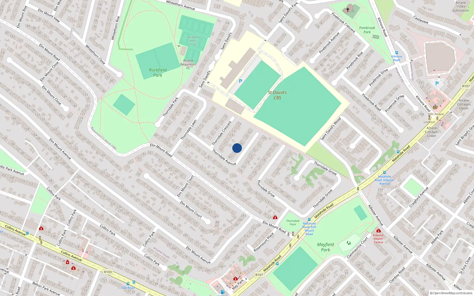 Overhead map showing the location of 36 Thorndale Avenue, Dublin 5