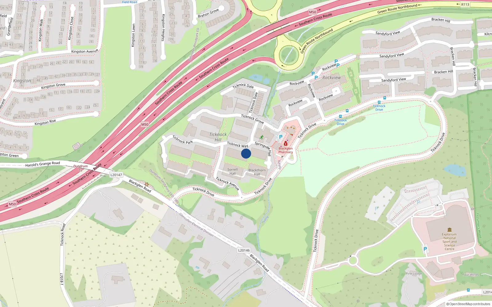 Overhead map showing the location of 36 Ticknock Way, Sandyford
