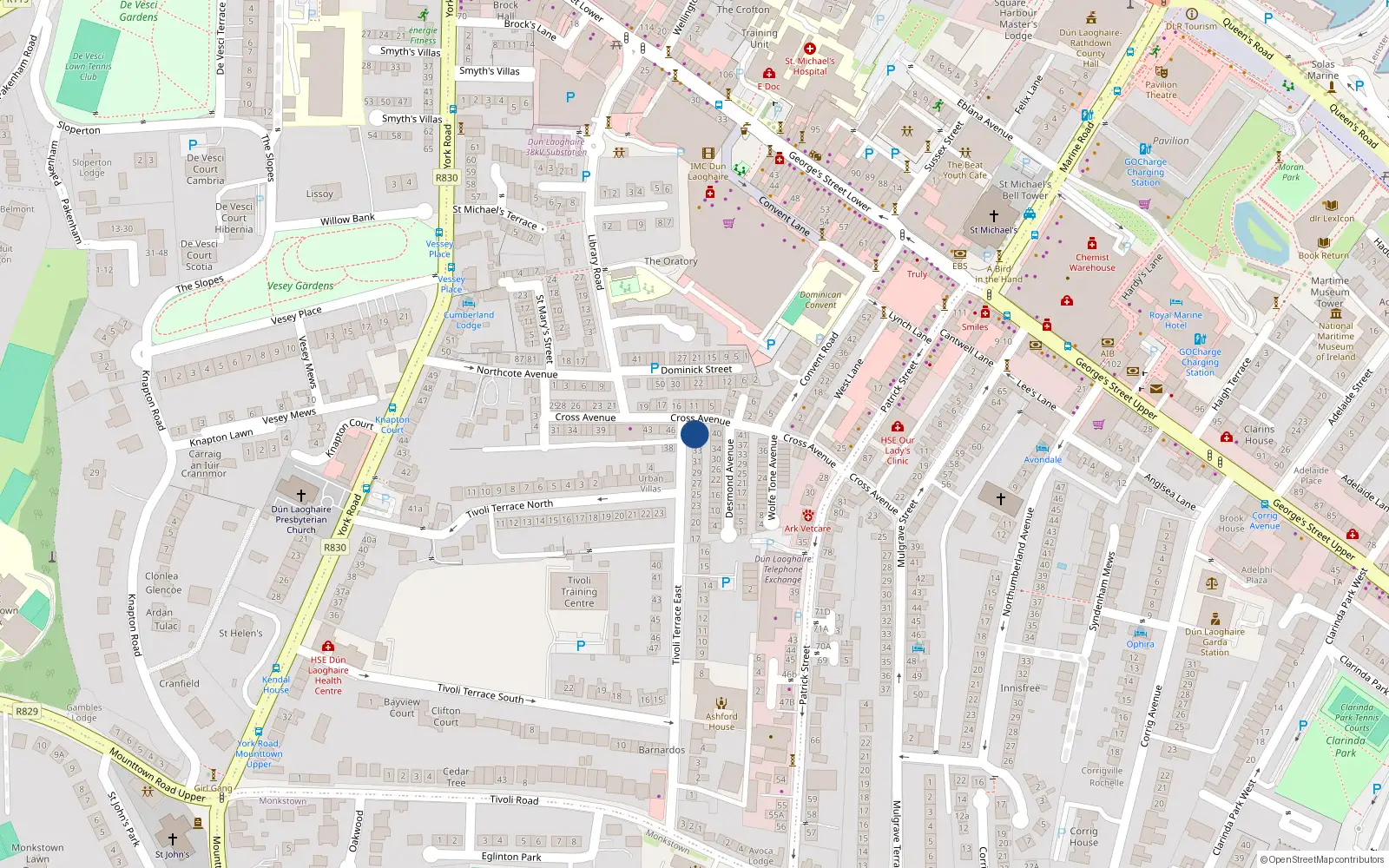 Overhead map showing the location of 36 Tivoli Terrace East, Dun Laoghaire, Dublin