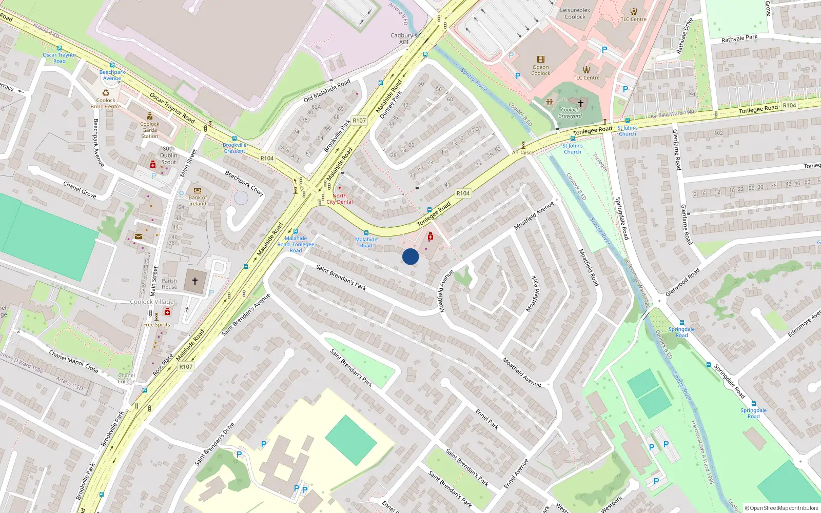 Overhead map showing the location of 36 Tonlegee Road, St Brendans Est, Coolock Dublin 5