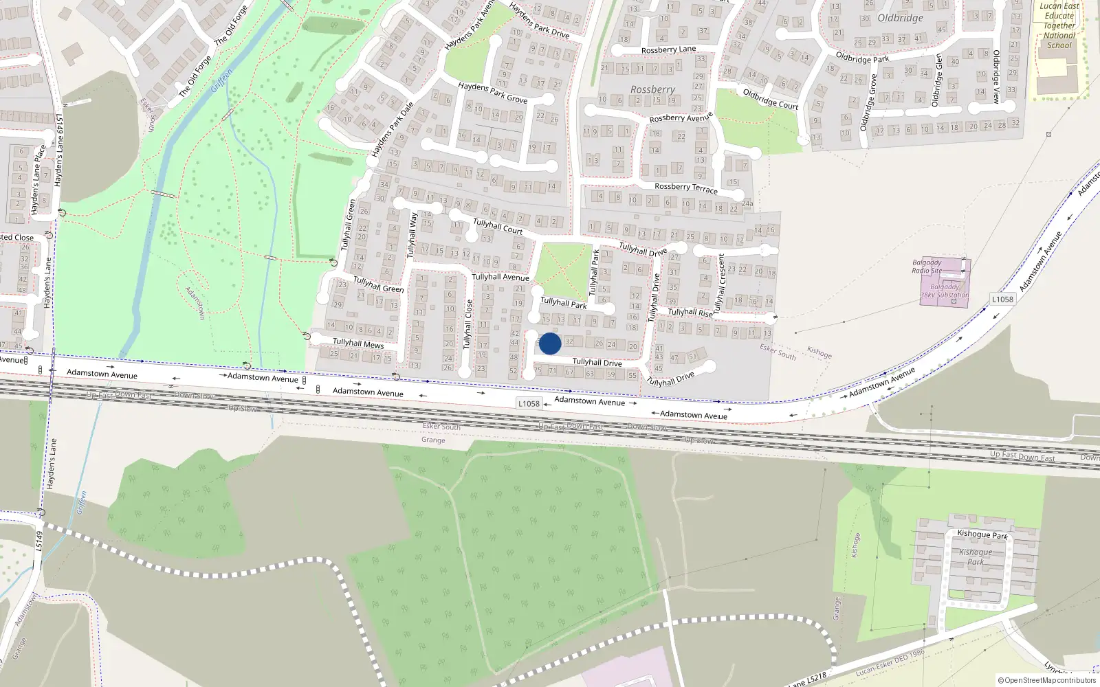 Overhead map showing the location of 36 Tullyhall Drive, Lucan