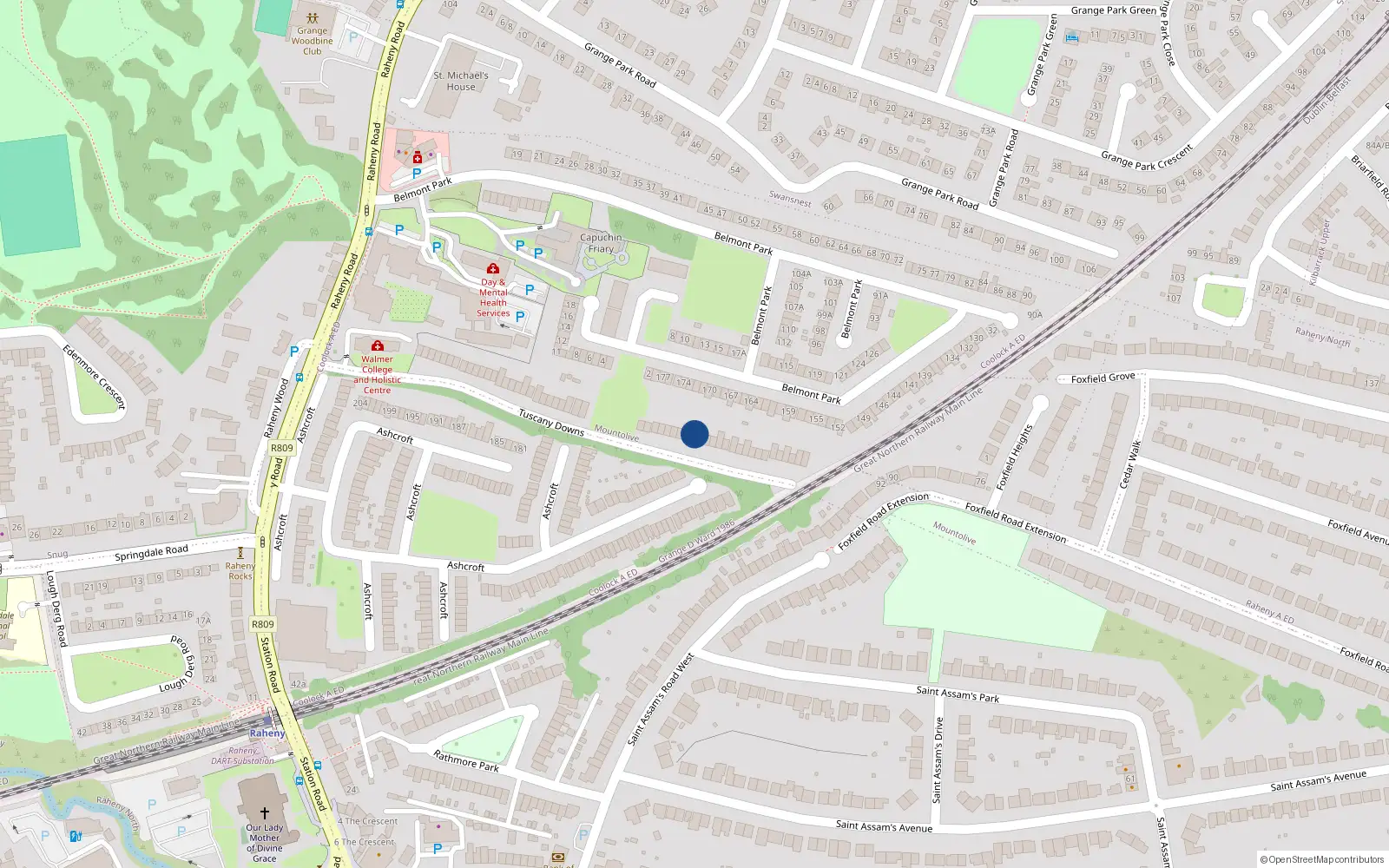 Overhead map showing the location of 36 Tuscany Downs, Dublin 5