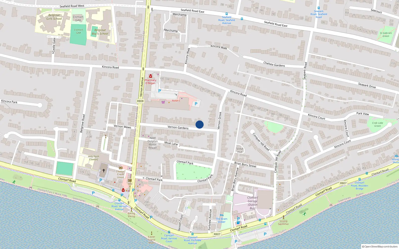 Overhead map showing the location of 36 Vernon Gardens, Clontarf, Dublin 3