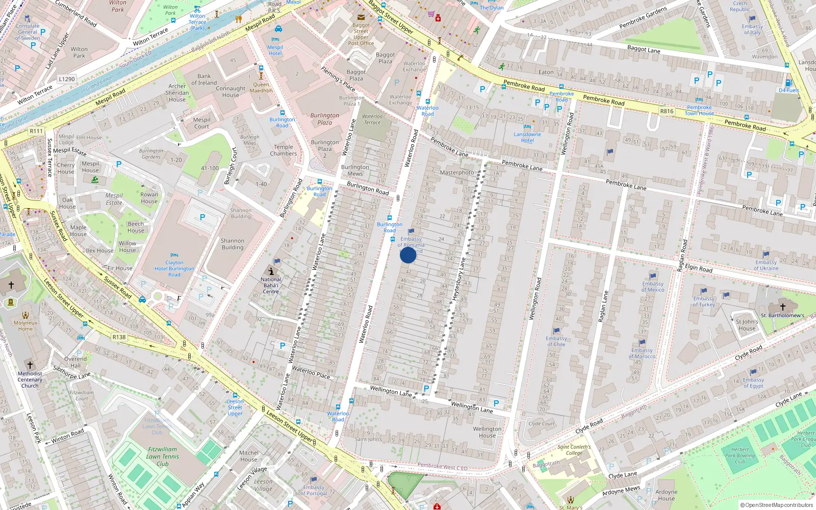 Overhead map showing the location of 36 Waterloo Road, Dublin 4