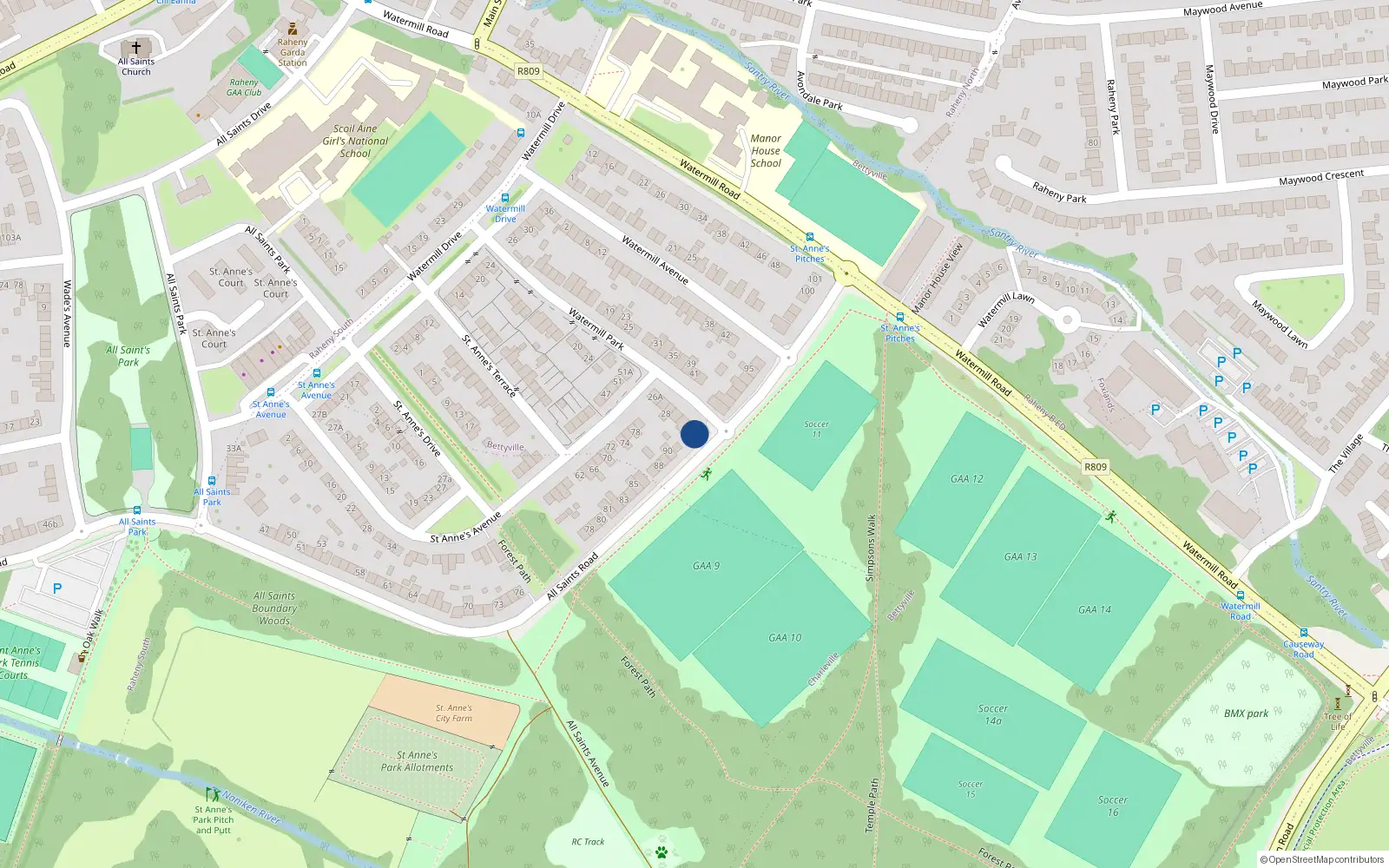 Overhead map showing the location of 36 Watermill Park, Dublin 5