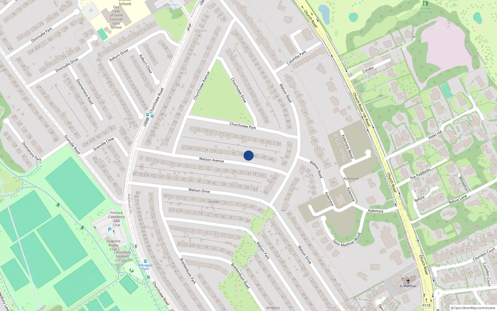 Overhead map showing the location of 36 Watson Avenue, Killiney, Dublin