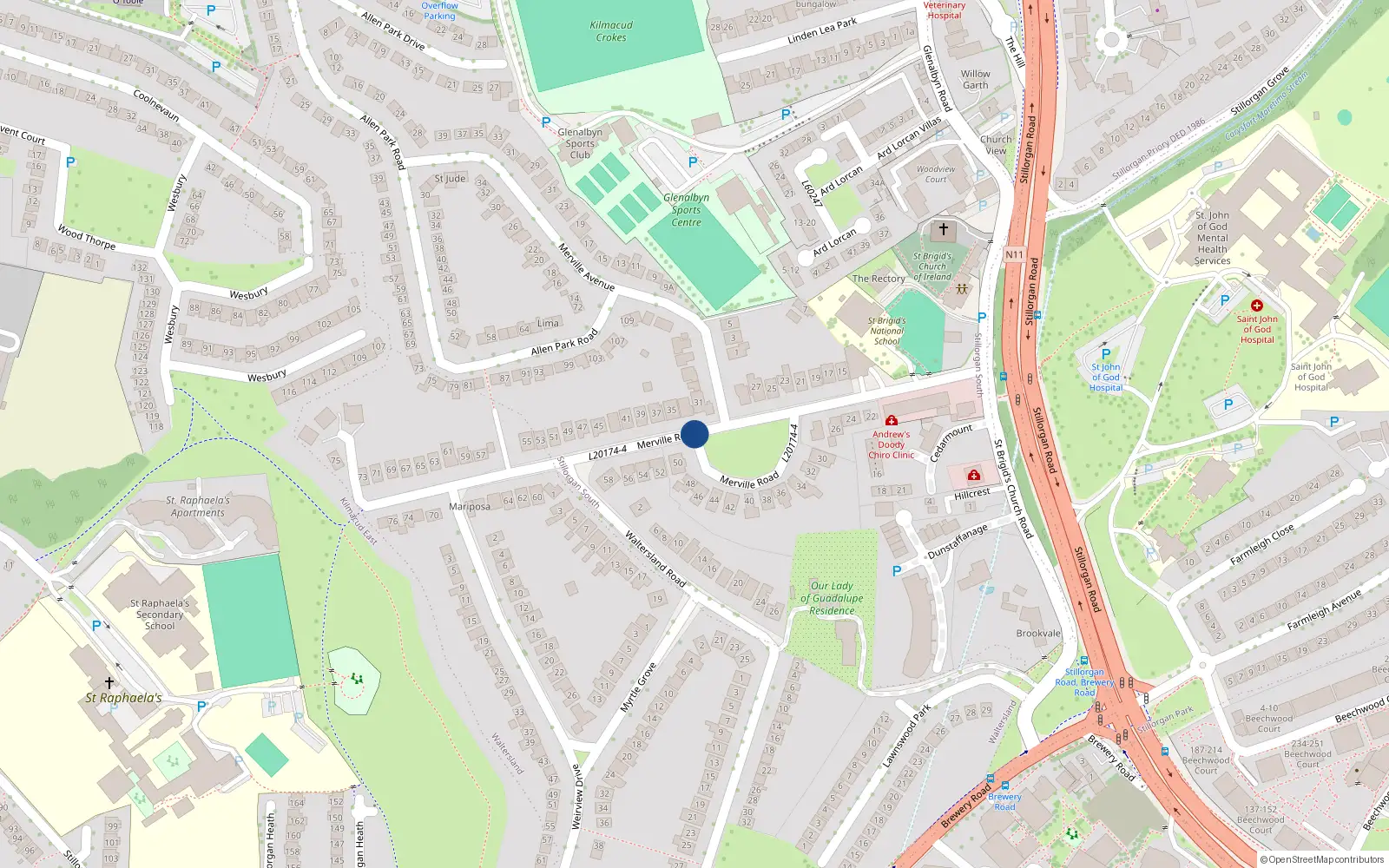 Overhead map showing the location of 36 Weirview Drive, Merville Road, Stillorgan