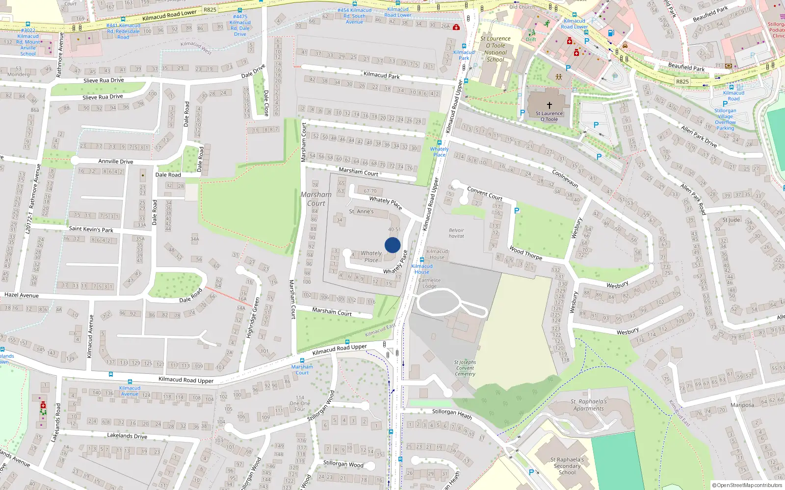 Overhead map showing the location of 36 Whatley Place, Kilmacud Road Upper, Stillorgan