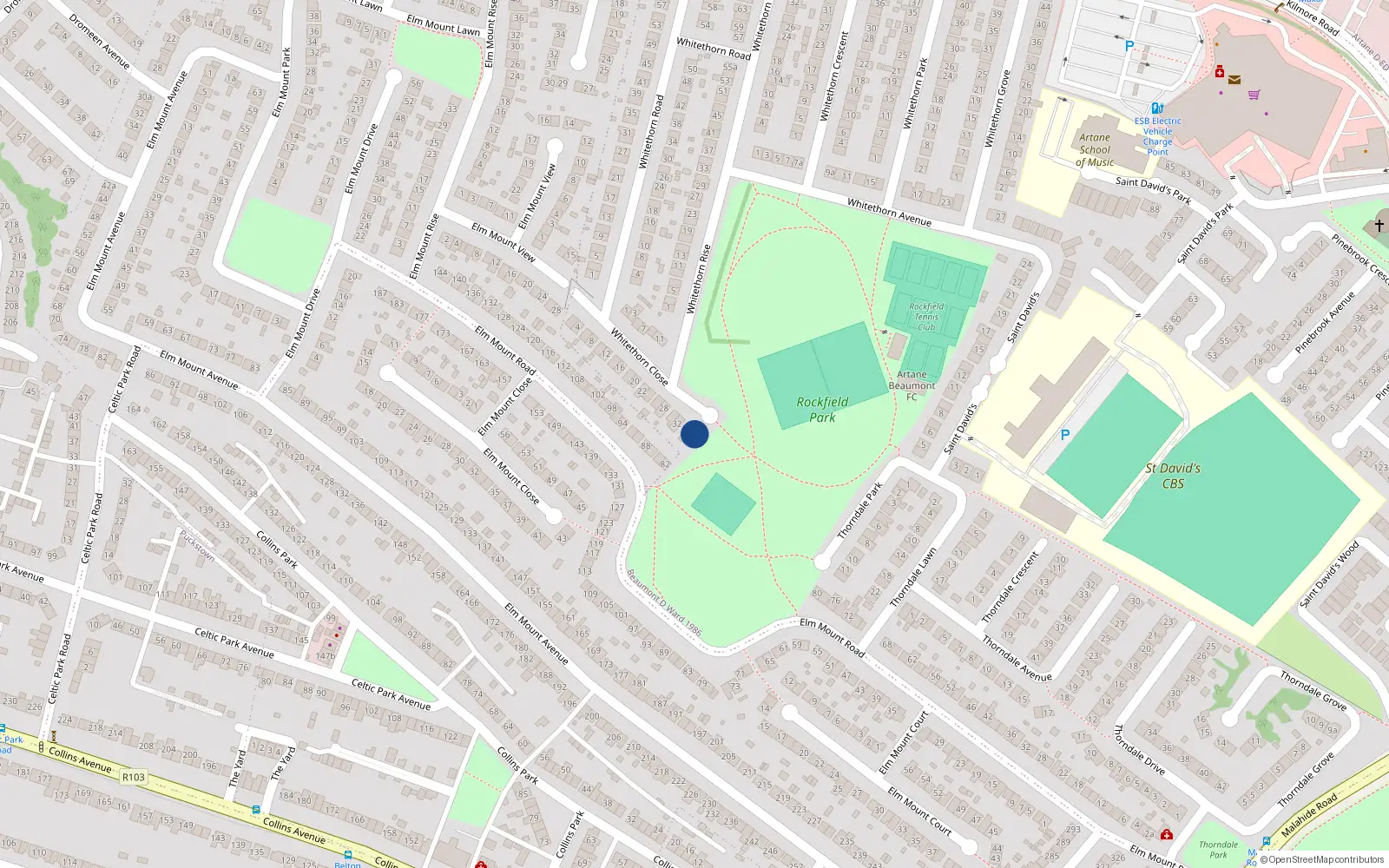 Overhead map showing the location of 36 Whitethorn Close, Dublin 5