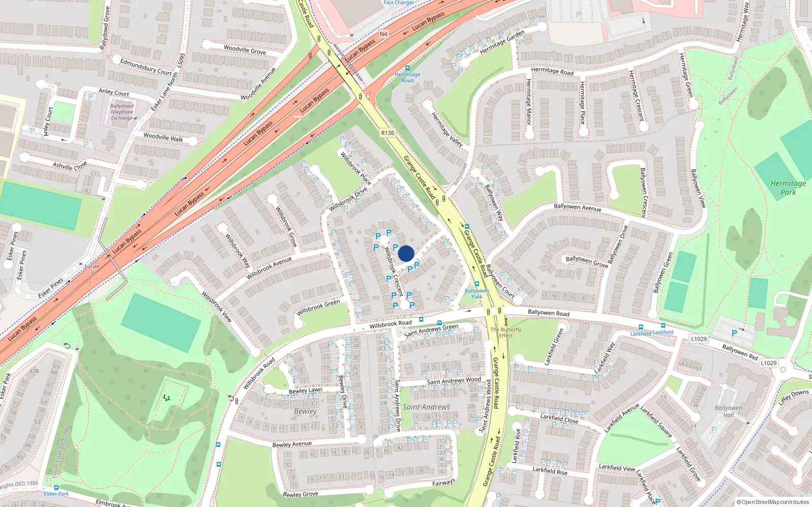 Overhead map showing the location of 36 Willsbrook Crescent, Lucan