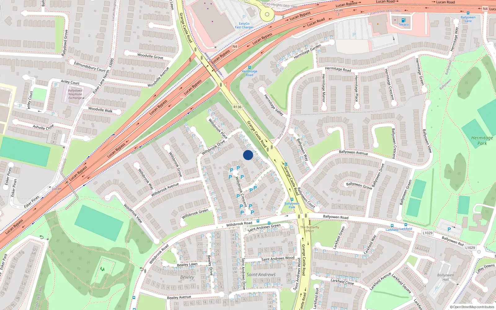 Overhead map showing the location of 36 Willsbrook Drive, Lucan, Dublin