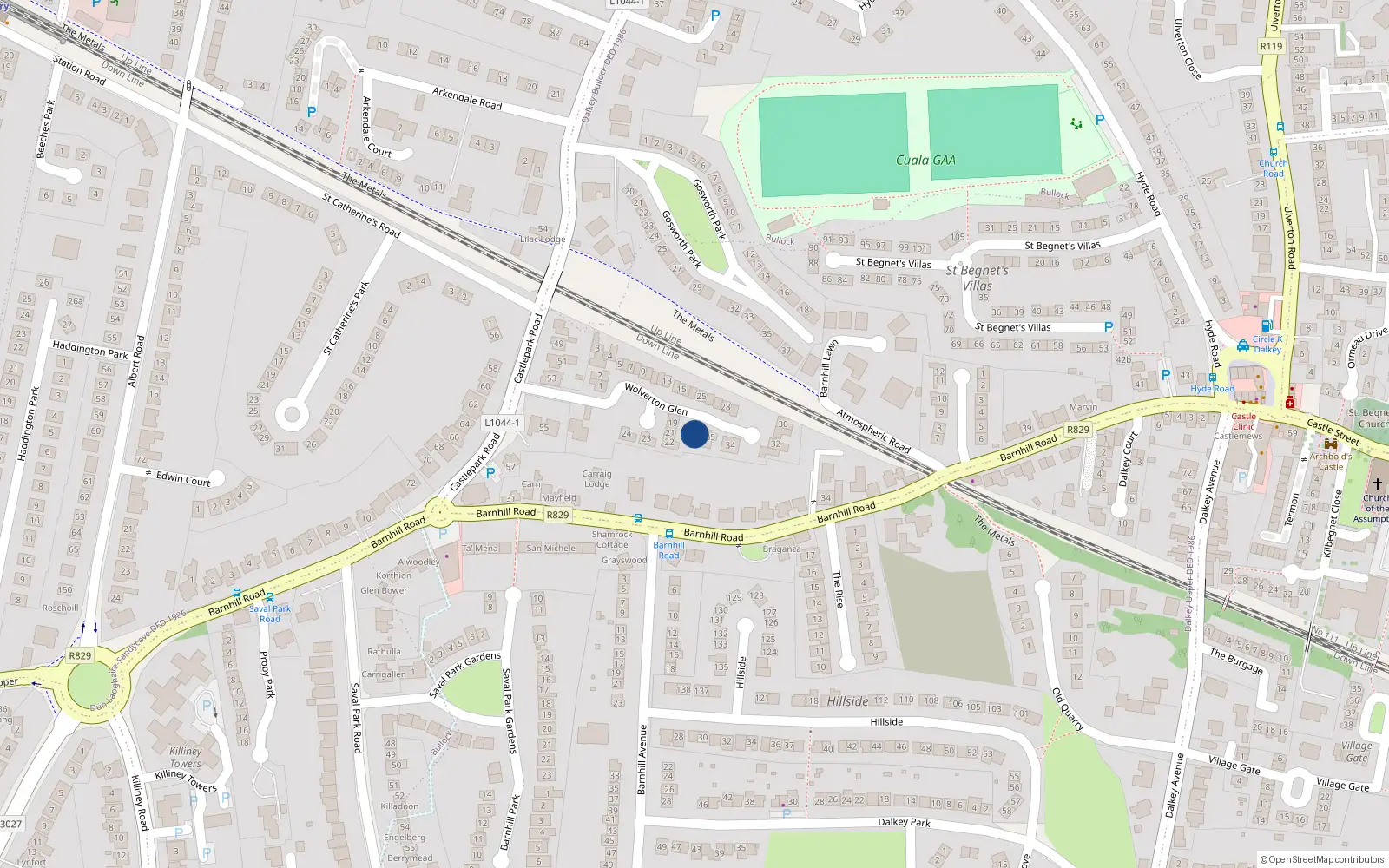 Overhead map showing the location of 36 Wolverton Glen, Dalkey, Dublin