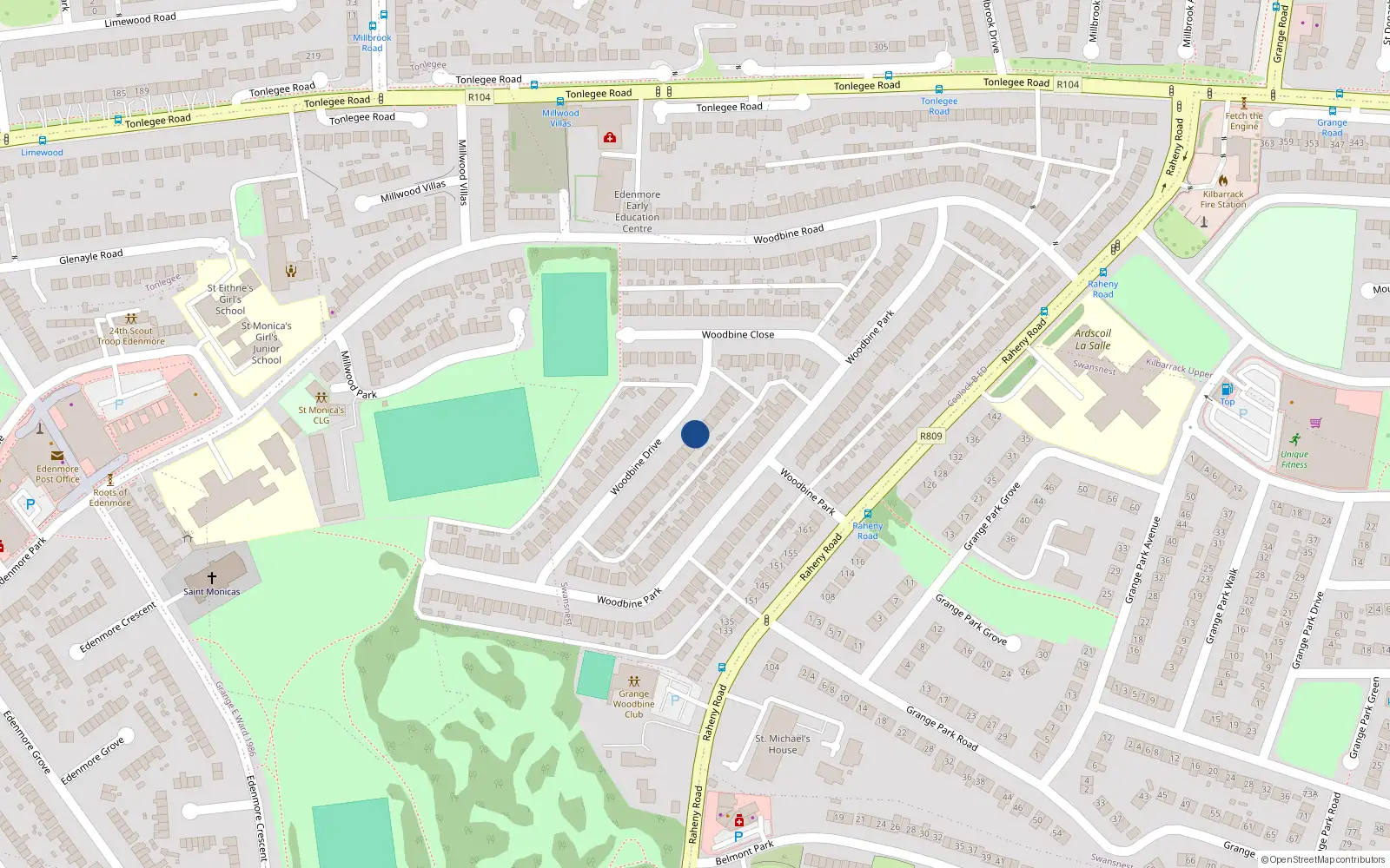 Overhead map showing the location of 36 Woodbine Drive, Raheny, Dublin 5
