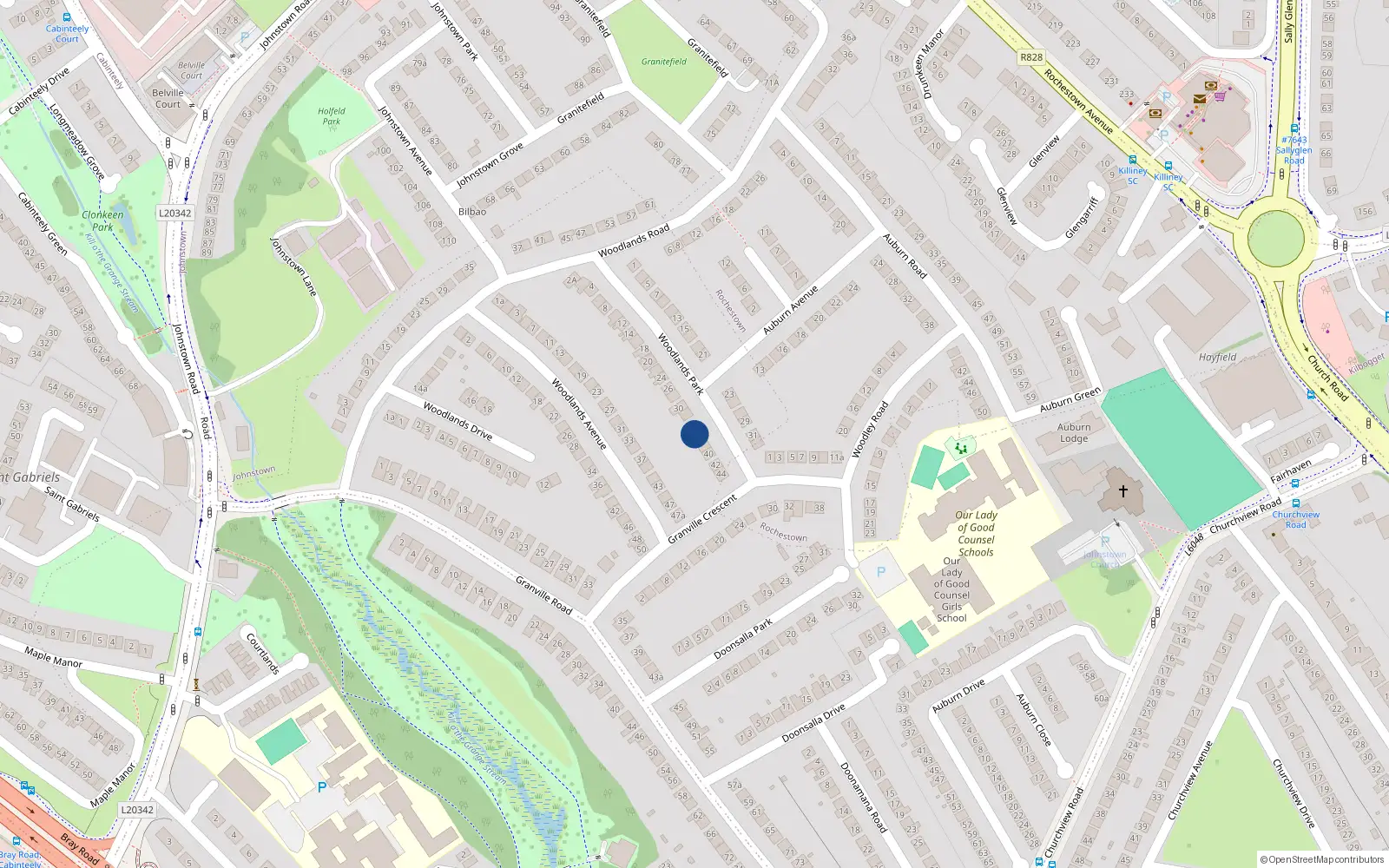 Overhead map showing the location of 36 Woodlands Park, Dun Laoghaire, Dublin