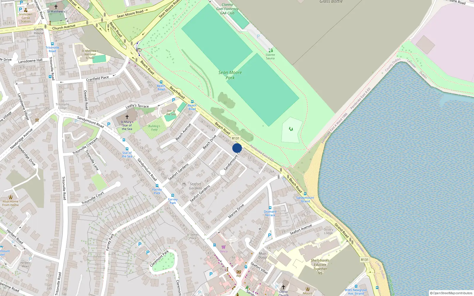 Overhead map showing the location of 36A Beach Road, Sandymount