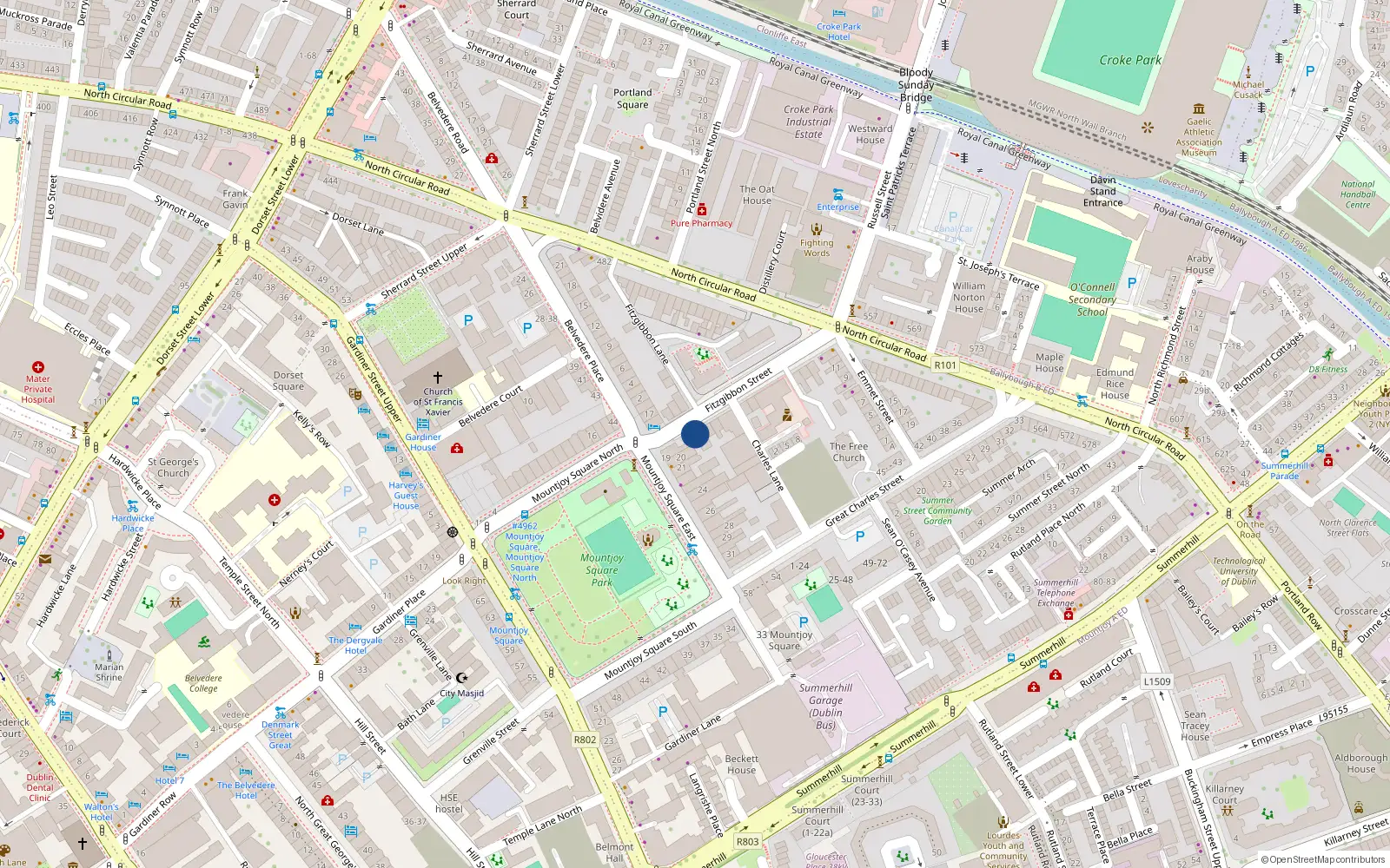 Overhead map showing the location of 36B Fitzgibbon Street, Dublin 1