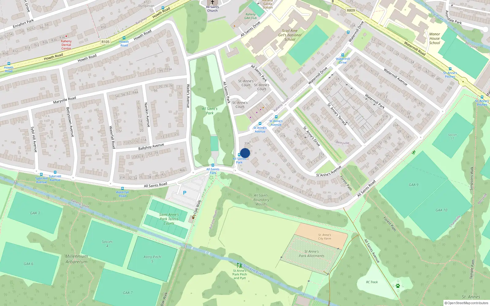 Overhead map showing the location of 37 All Saints Park, Raheny, Dublin 5