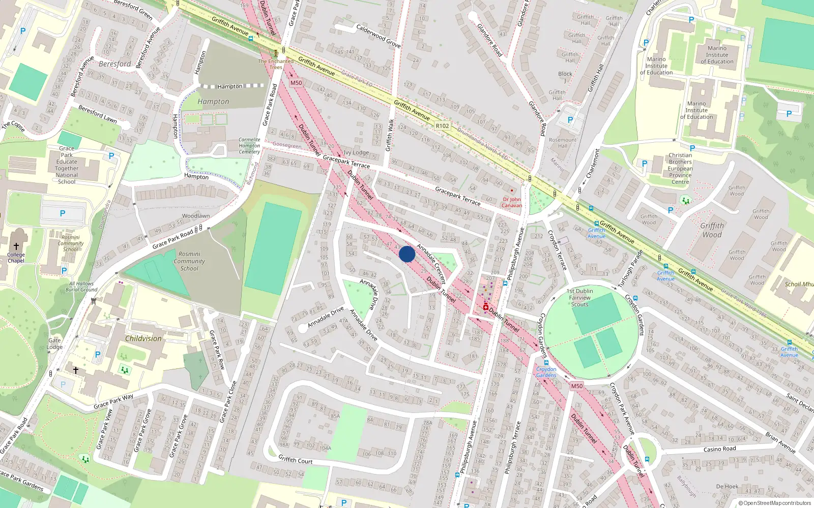 Overhead map showing the location of 37 Annadale Crescent, Dublin 9