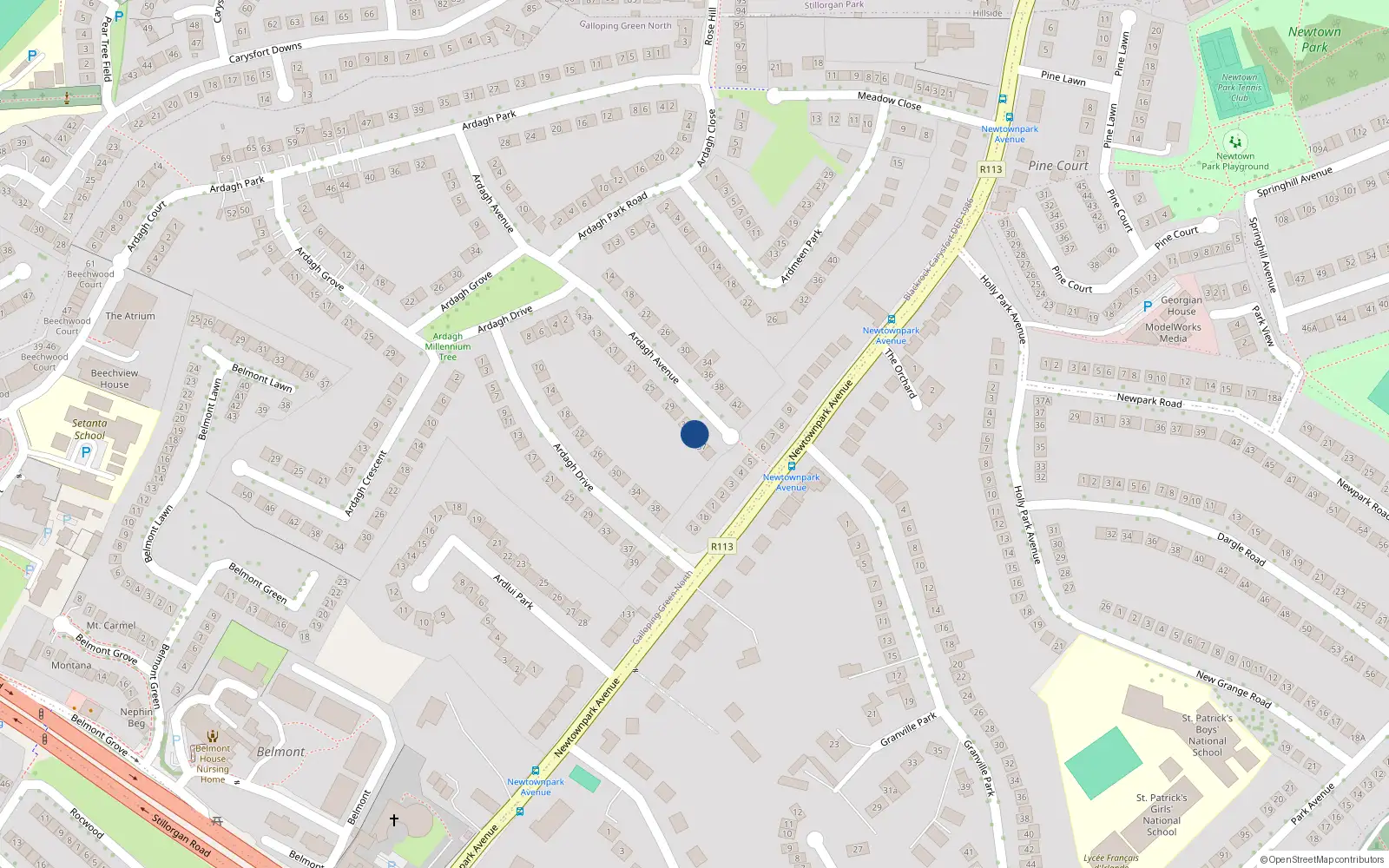 Overhead map showing the location of 37 Ardagh Avenue, Blackrock