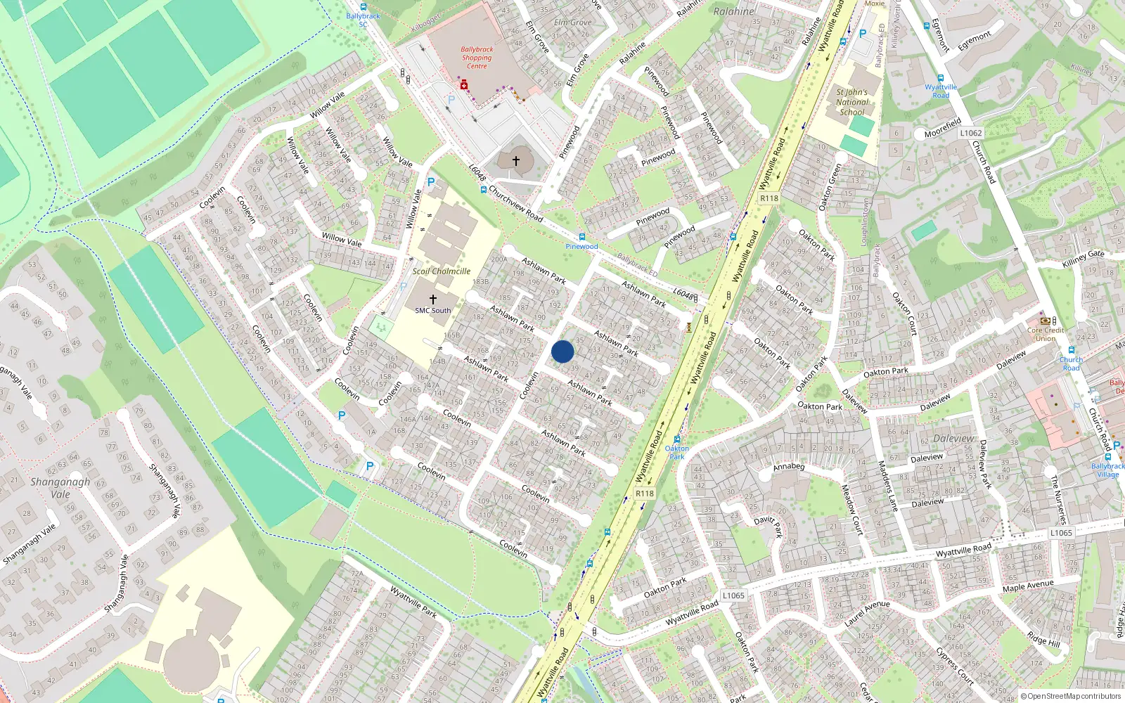 Overhead map showing the location of 37 Ashlawn Park, Ballybrack, Dublin