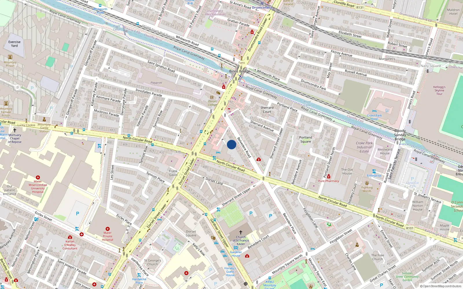 Overhead map showing the location of 37 Belvedere Road, Dublin 1, Dublin