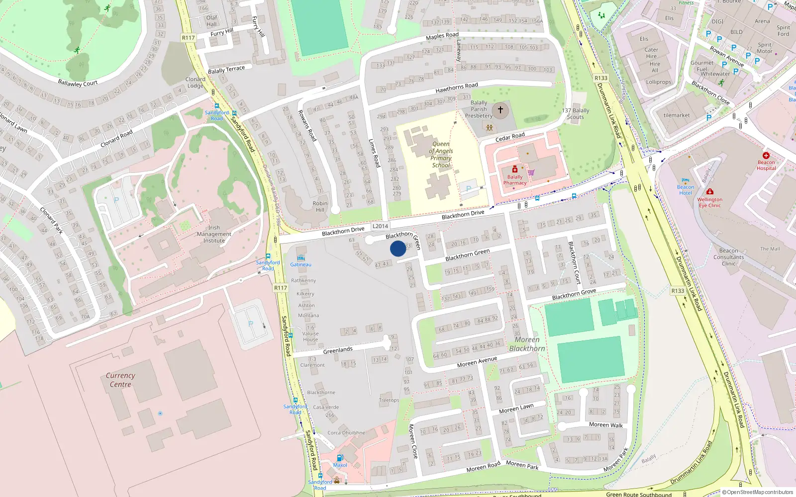 Overhead map showing the location of 37 Blackthorn Green, Dublin 16