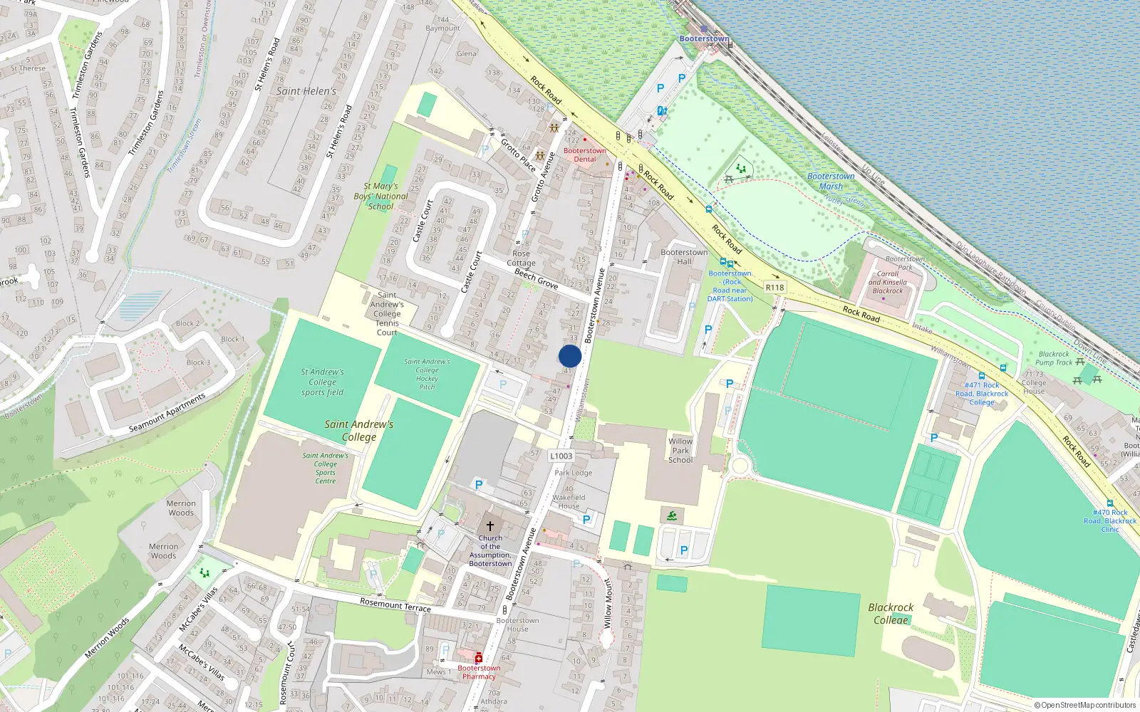 Overhead map showing the location of 37 Booterstown Avenue, Blackrock