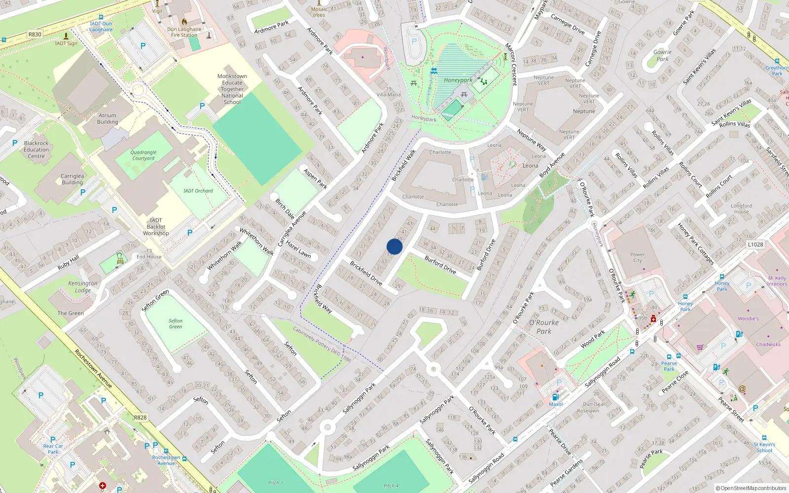 Overhead map showing the location of 37 Brickfield Drive, Dun Laoghaire