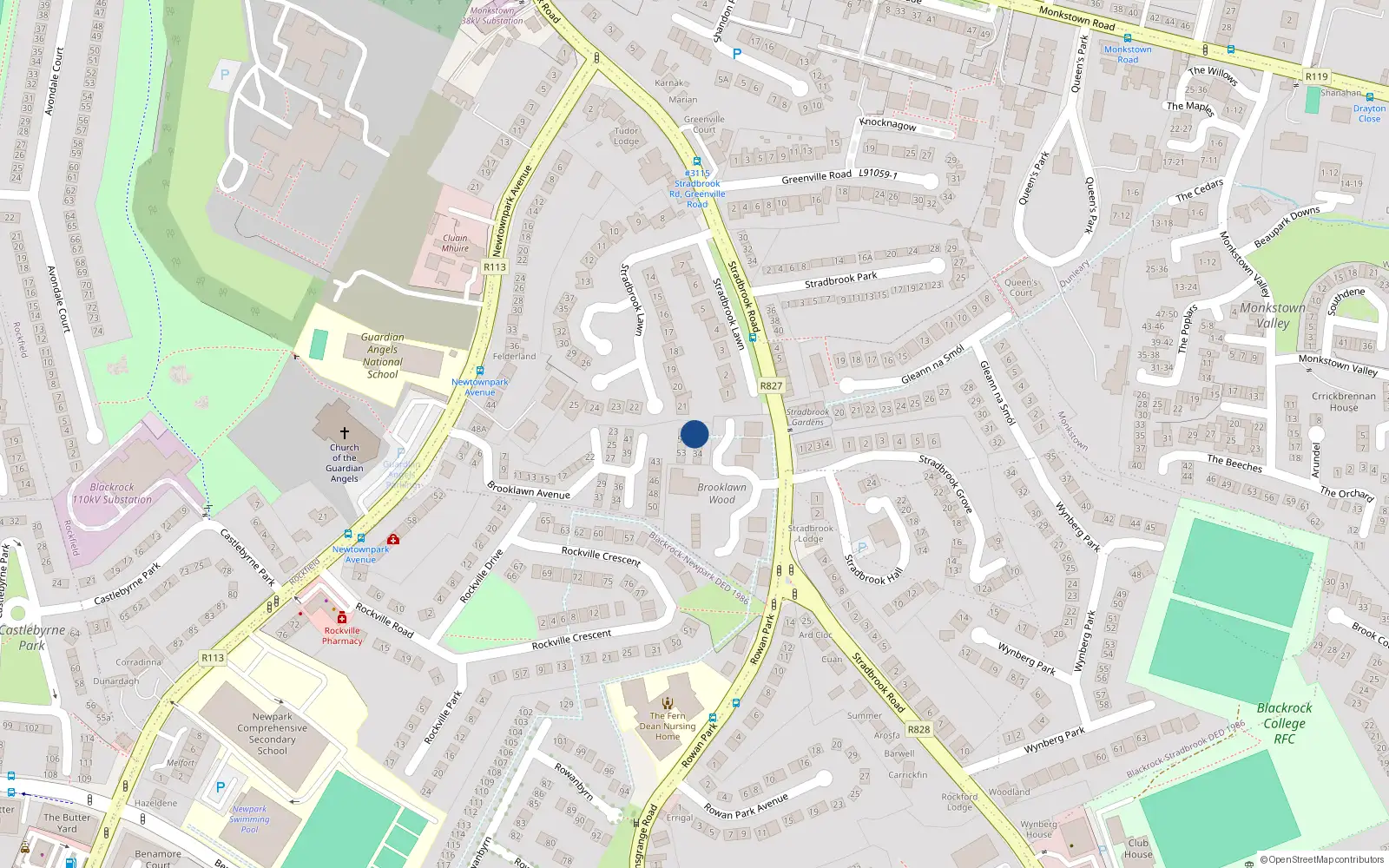 Overhead map showing the location of 37 Brooklawn Wood, Blackrock, Dublin