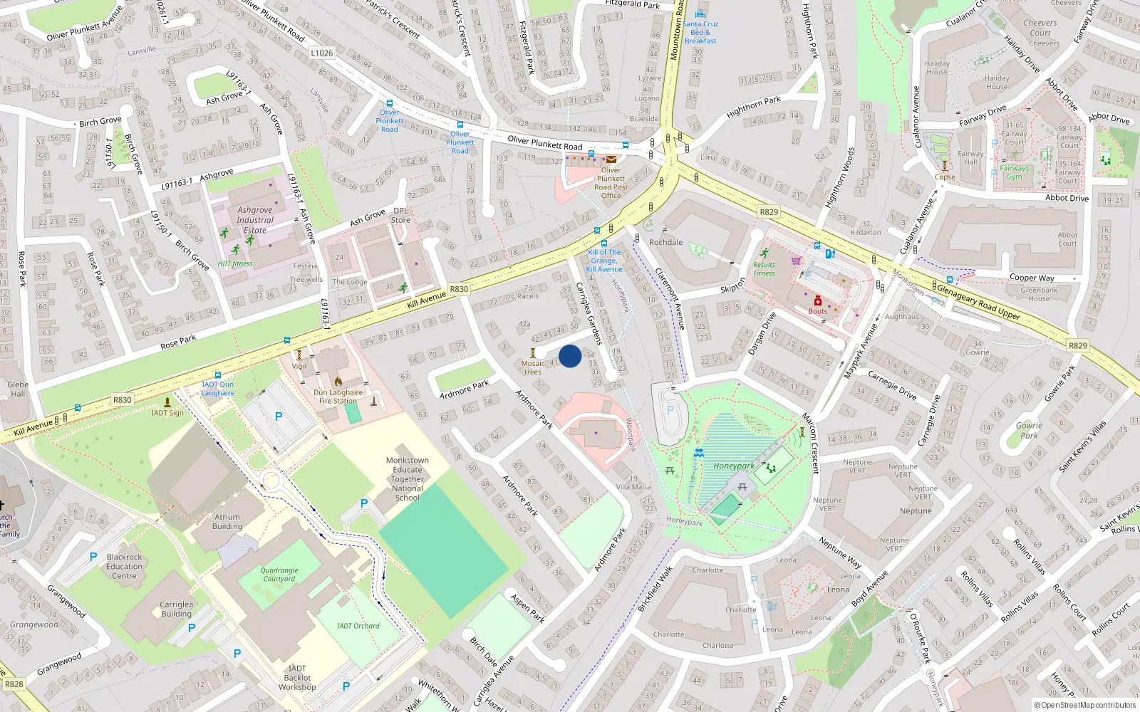 Overhead map showing the location of 37 Carriglea Gardens, Dun Laoghaire, Dublin