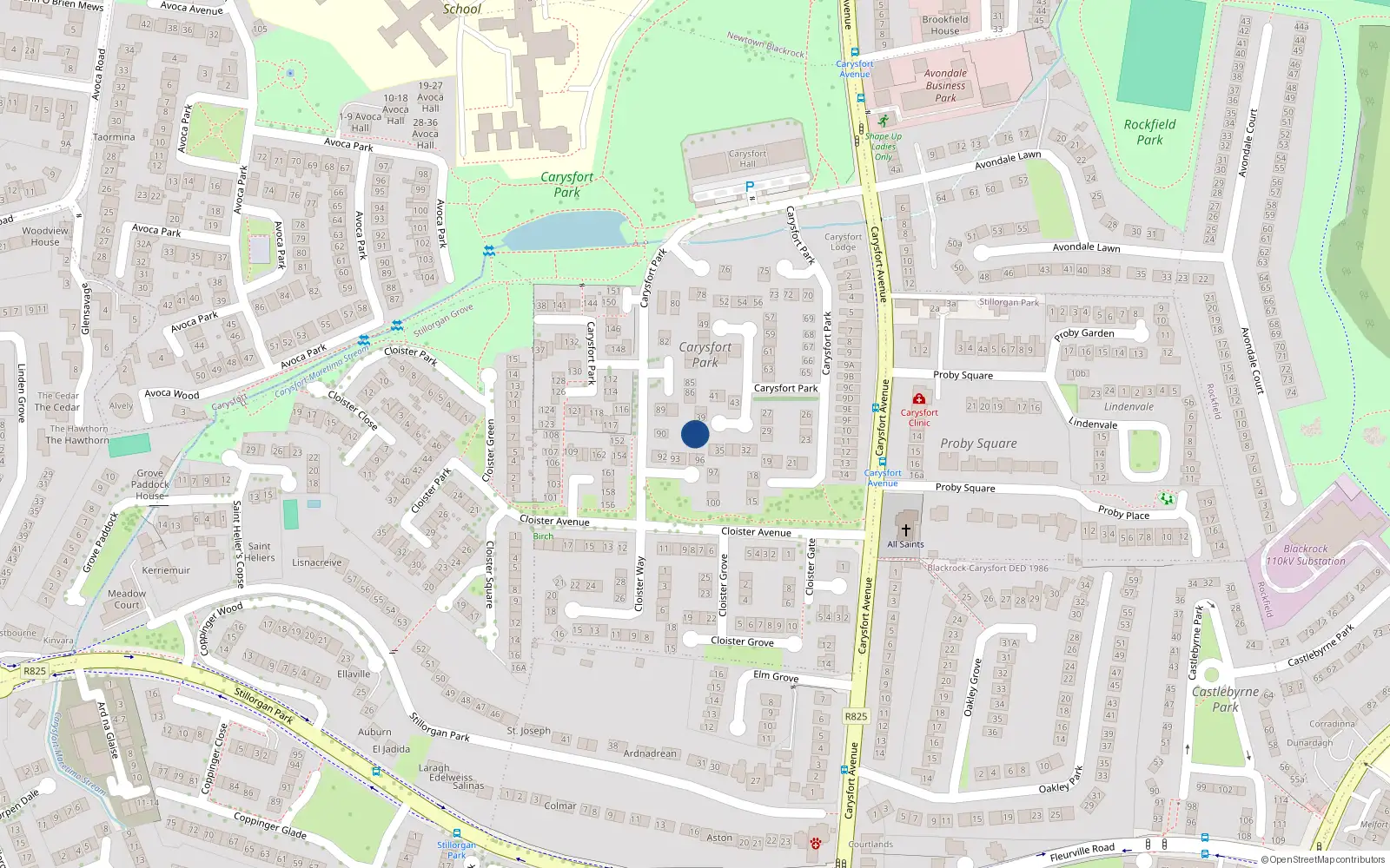 Overhead map showing the location of 37 Carysfort Park, Blackrock