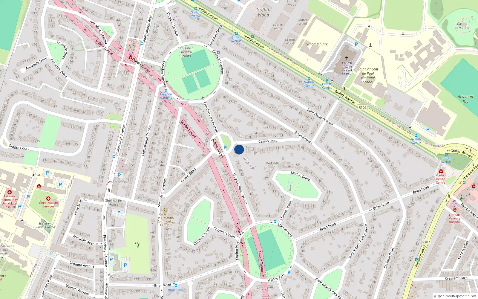 Overhead map showing the location of 37 Casino Road, Marino, Dublin 3