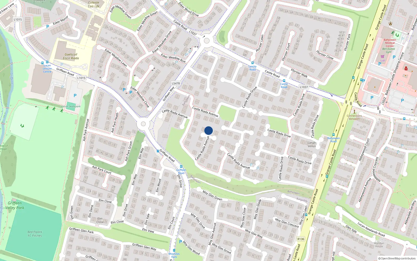 Overhead map showing the location of 37 Castle Riada Avenue, Lucan