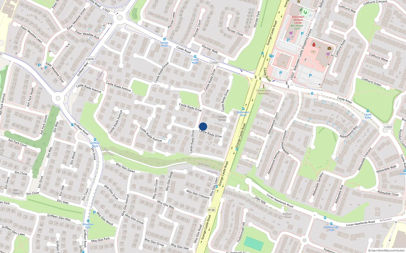 Overhead map showing the location of 37 Castle Riada Drive, Lucan